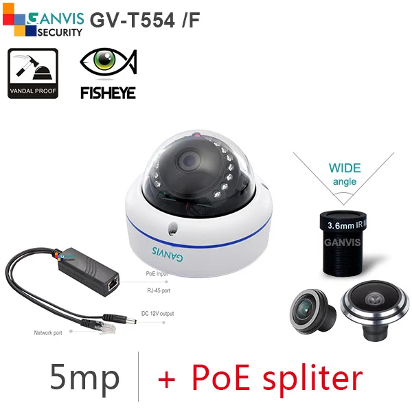

#poe spliter# included 5mp mini ip camera outdoor dome wide angle/ fisheye panoramic view lens optional cctv GANVIS GV-T554 /F p