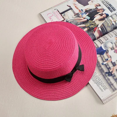 Модные шляпы от солнца для родителей и детей, милая детская соломенная шляпа с бантом для женщин, Пляжная Панама, Повседневная летняя шляпа для девочек - Цвет: rose red