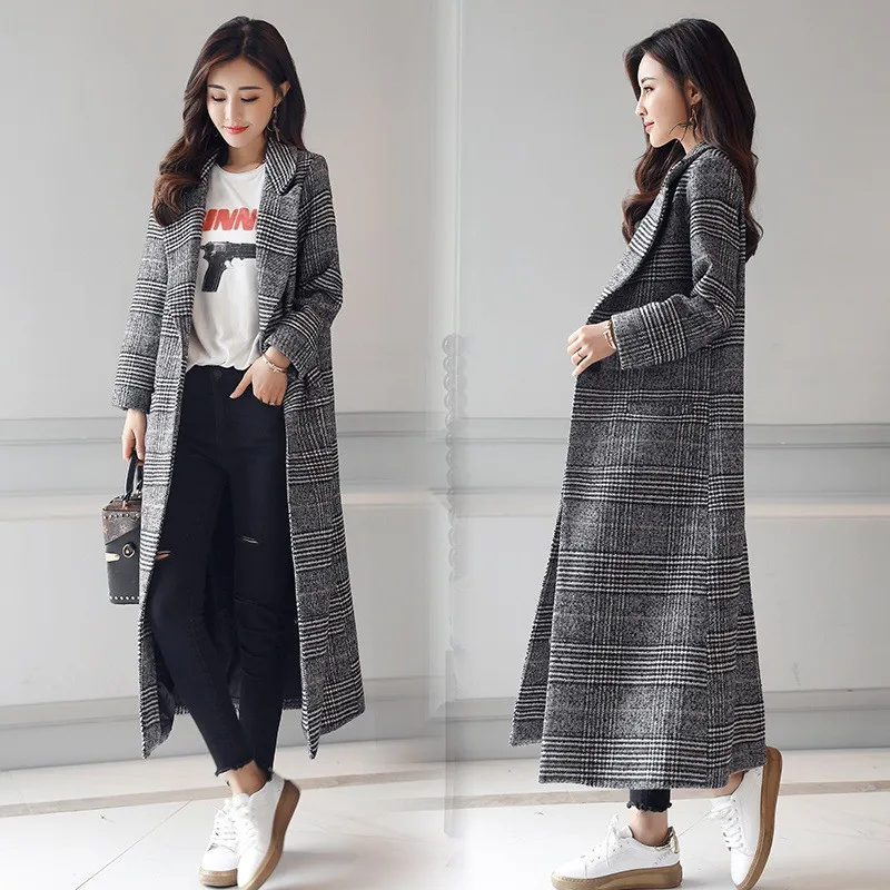 

Women Wool Coat Plaid Women Loose Long Single Breasted Woolen Coat Winter Coat Woolen Overcoat 2018 Swallow Gird Coats D475