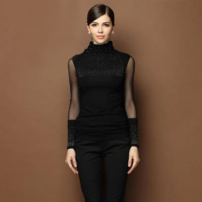 

Nice Fashion Women Black Sexy Turtleneck Diamond Design Elastic Turtleneck Sweater Basic Long-sleeve Top Sweaters A242