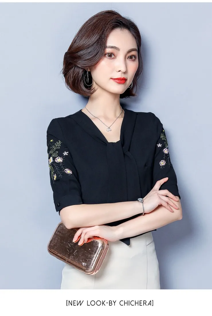 2018 New Arrival Lady Blouse Summer Fashion Shirts Floral Embroidered Tops Plus Size Short Sleeve Office Chiffon Blusas Feminina (7)
