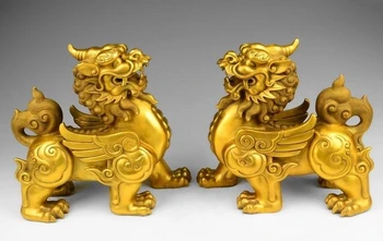 

11 China Pure Brass Fengshui Yuanbao Wealth Money Brave troops kylin Statue Pair