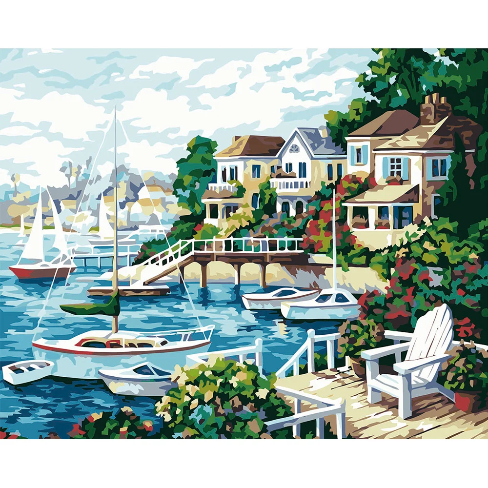 Diy malerei by zahlen kits unframed meer strand häuser landschaft leinwand kunst wandbild druckt mit