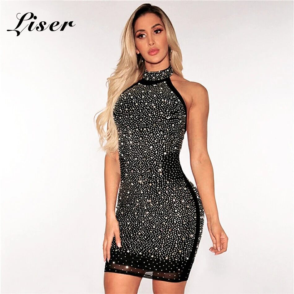 Cou Robes Noir New Sexy Bandage Femmes Halter 2018 Celebrity Liser Summer apricot Noir Party Robe Abricot Moulante Perles ZfqOOYx