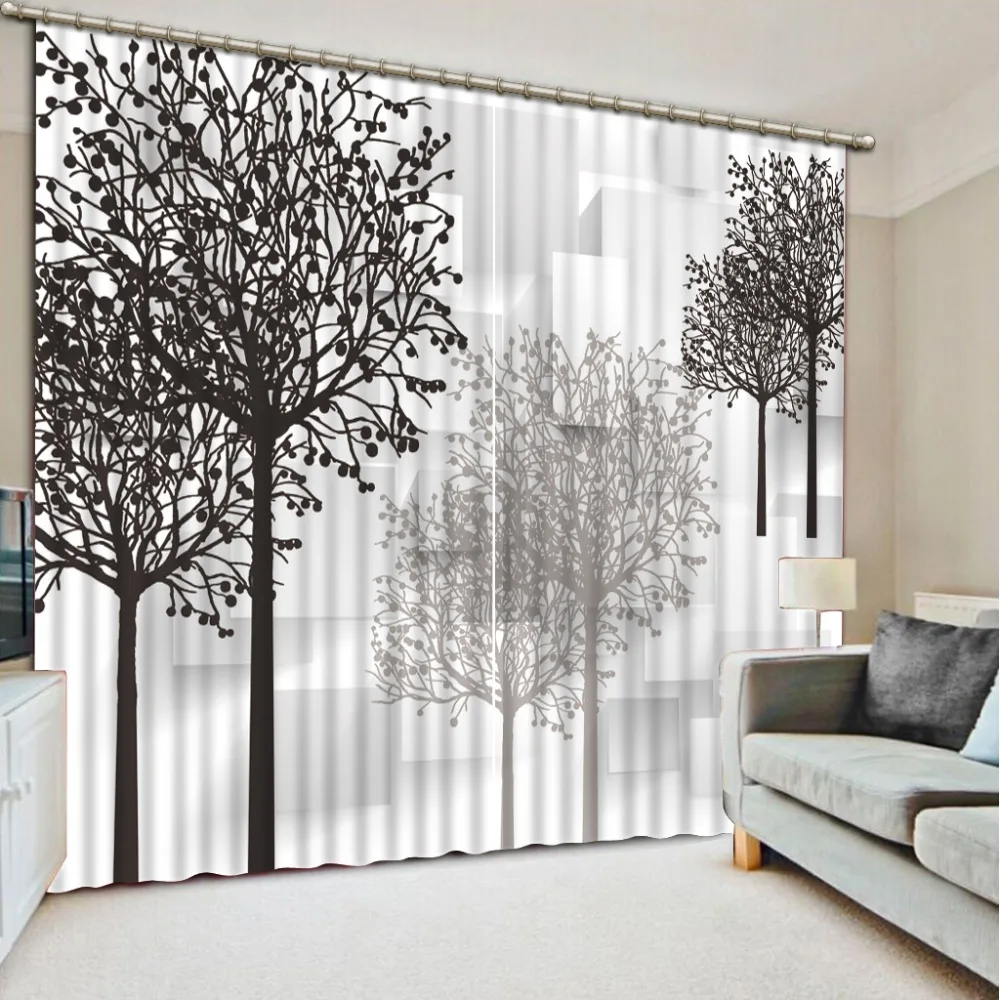 Черно-белая занавеска для украшения 3D Короткая занавеска с деревом для спальни гостиной Полиэстеровая занавеска для комнаты