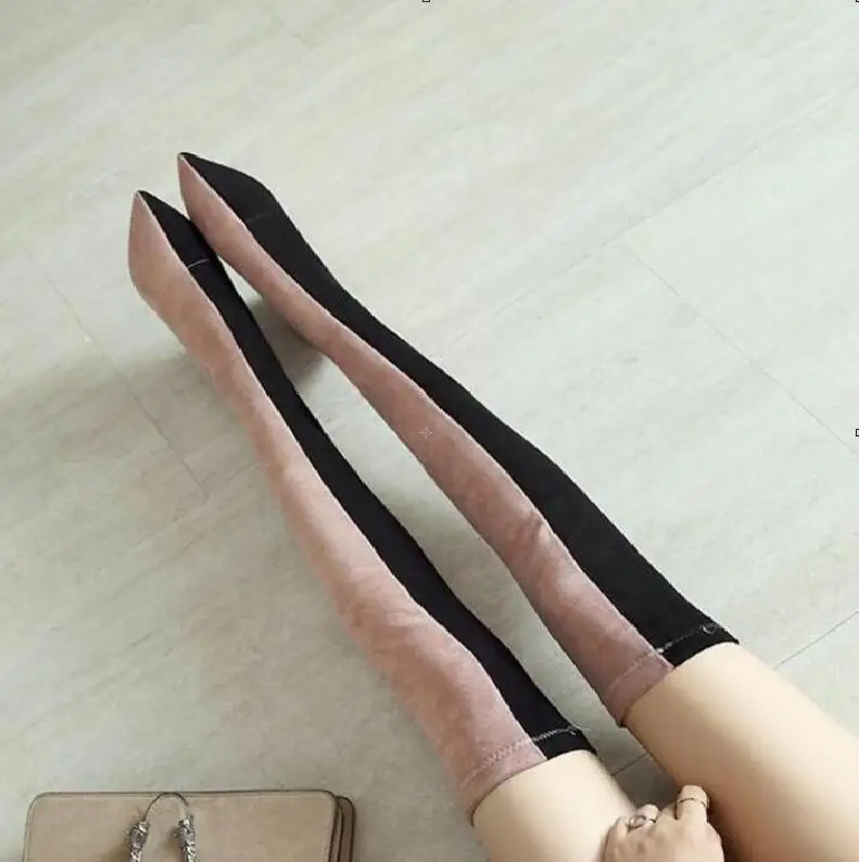 Fashion 2019 Women Thigh High Boots Pink Black Mixed Winter Botines Mujer Sexy Over The Knee