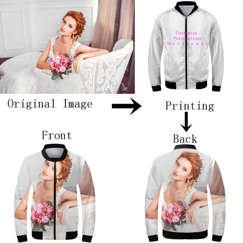 

Customized Individual Image Name Logo Women's Bomber Jacket Stand-Up Collar Full Sleeves Ribbed Cuffs Outerwear Casual Coats