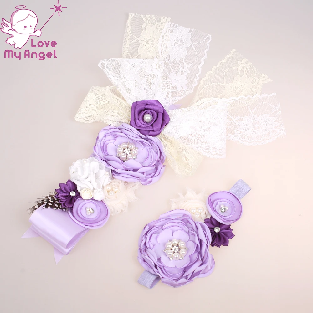 lilac purple ivory flower girl sash and headband wedding floral belt