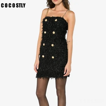 

Summer Dress Fringe Zip Back Tweed Tassel Dress 2018 Double Breasted Button Elegant shoulder-straps Dress Women Casual Dresses
