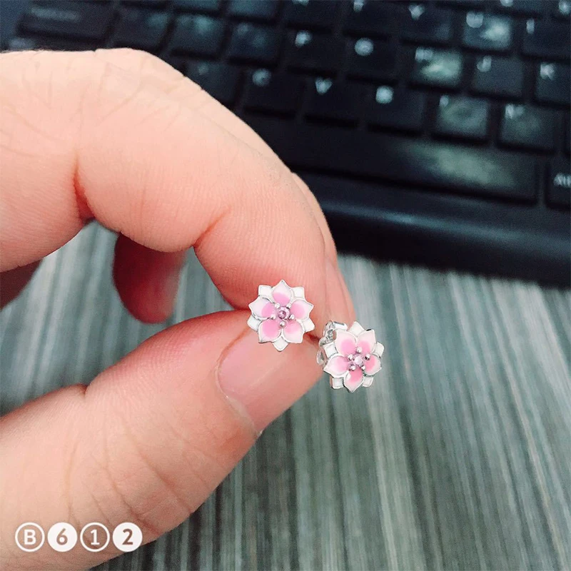 Серьги-гвоздики с розовой эмалью CZ цветок магнолии подходят для оригинала Pandora Подвески Ювелирные изделия для женщин подарок на день матери Oorbellen