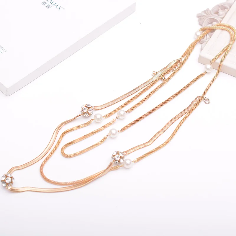 

Fashion Women 3 Layer Sweater Chain Necklaces Metal Artificial Pearls Long Necklace Female Jewelry Clothing Accessories