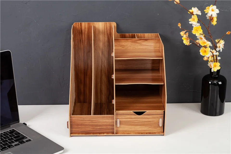 DIY Wooden Magazine Desk Organizers Book Holder Stationery Storage Holder Stand Shelf Rack Multifunctional Case