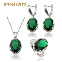 WPAITKYS Зеленый Кристалл Серебряный цвет Ювелирные наборы для женщин Свадебные серьги ожерелье кулон кольца подарочная коробка