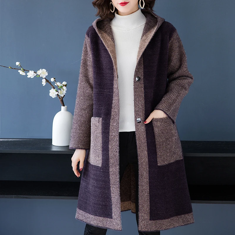 

Brand Coat Fall Winter Women Coat New OL Commuter Hit Color Pockets Hooded Coat Thicken Single Breasted Loose Long Coat Female
