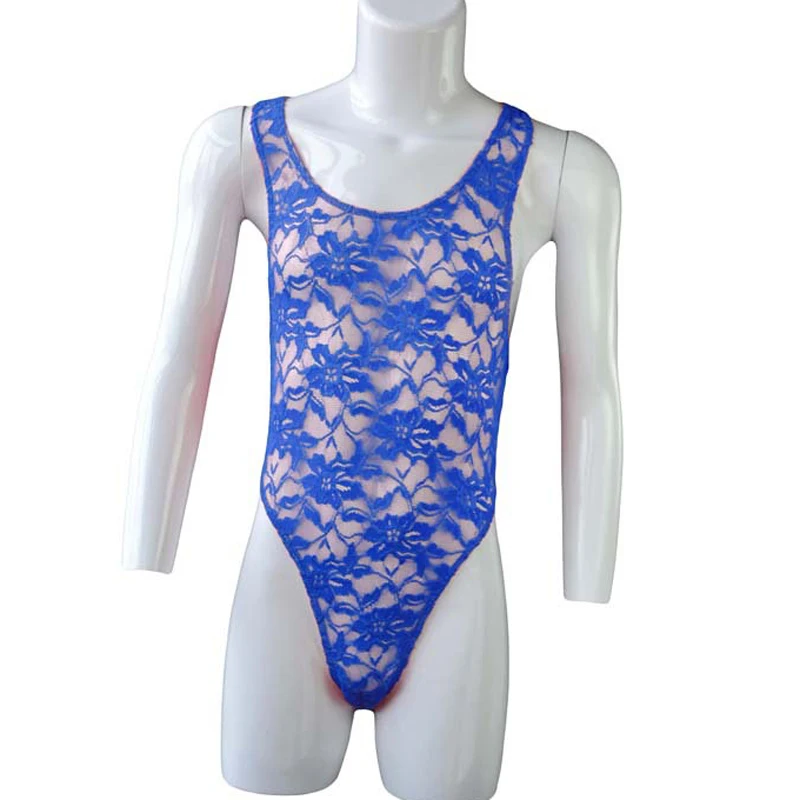 Men Underwear Sleeveless High Cut Jumpsuit Costume bodysuit men Sexy Men Lingerie One-piece Floral Lace Semi See-through Bodysuit Underwear