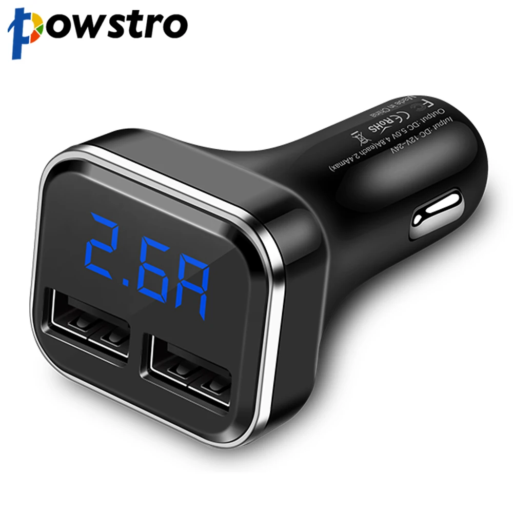 Светодиодный дисплей Powstro, автомобильное зарядное устройство с двумя usb-портами, DC12-24V, 5А, вход 4.8A, автомобильное зарядное устройство для телефона, для мобильных телефонов, рекордер для вождения, планшет