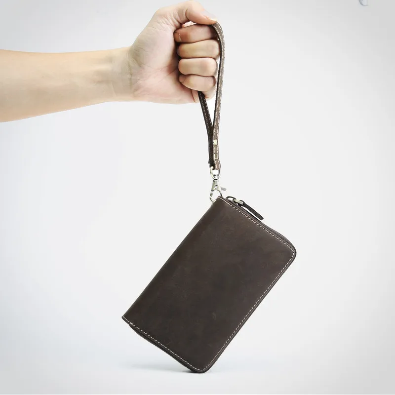 

2019 Designer Real Genuine Leather Purse Men's Clutch Wallets Handy Bags Business Wallet Women Zipper Wristlet Strap Handmade
