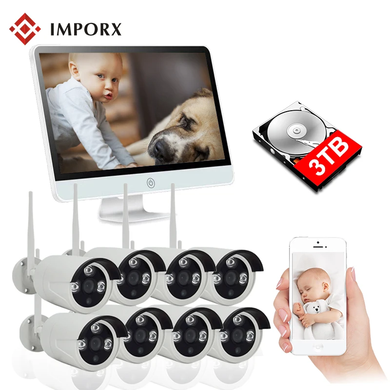 

8CH Wireless NVR Kit 16" LCD Monitor IR Night Vision 1080P Security CCTV IP Camera Wifi Waterproof Surveillance System Kit