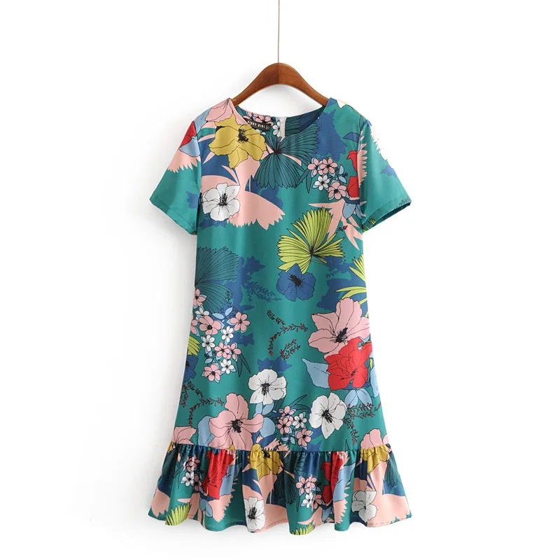 VOGUEIN New Womens Summer Green Short Sleeve O-Neck Floral Print Mini Dress Wholesale - Цвет: Зеленый