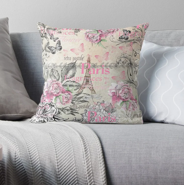 Elegant Pink Black Floral Collage Eiffel Tower Pillow Covers Cases