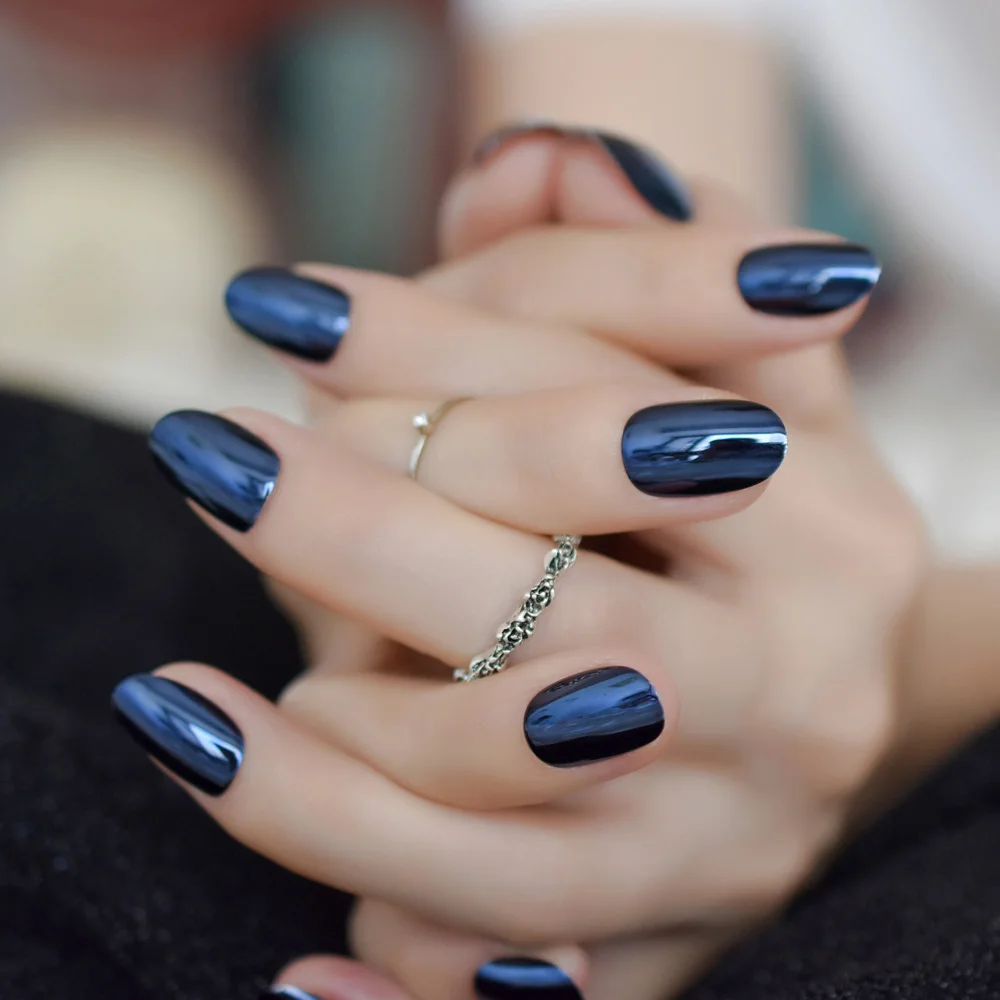 Великолепное голубое зеркало поддельные ногти Овальный металлический качество гламурный дизайн ногтей Дизайн Советы с клеем, стикер идеально подходит для повседневной носки