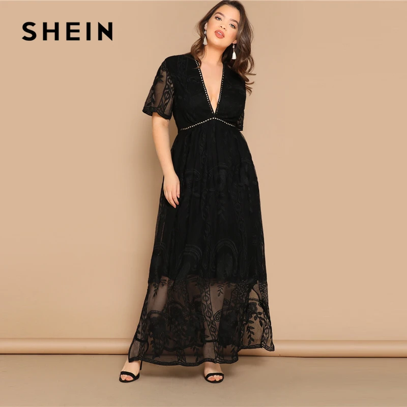 

SHEIN Plus Size Black Eyelet Lace Insert Plunge Neck Mesh Overlay Dress 2019 Women Summer Glamorous Deep V Neck High Waist Dress