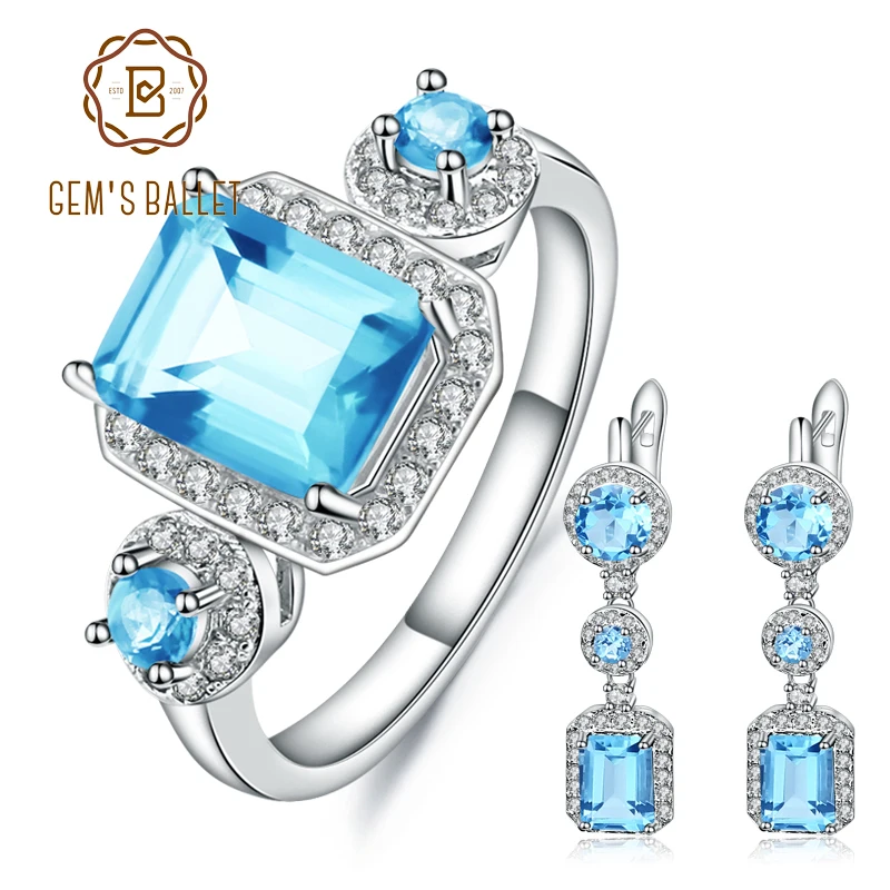 

GEM'S BALLET 9.55Ct Natural Blue Topaz Gemstone Jewelry Sets For Women 925 Sterling Silver Geometric Earrings Ring Fine Set