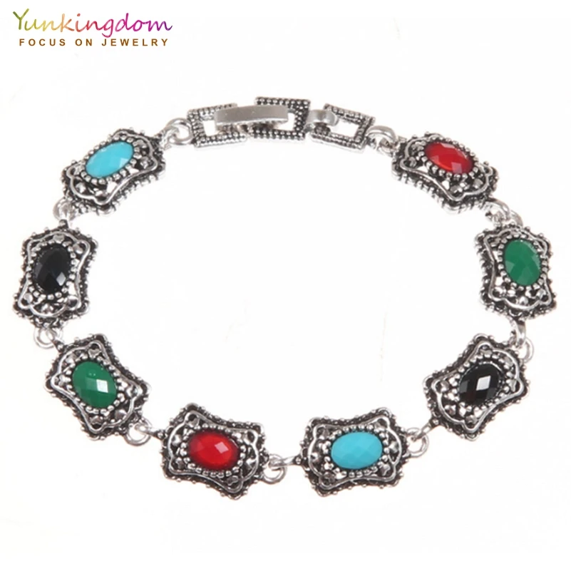 

Yunkingdom Brand New Design Fashion Jewelry Wholesale Vintage Polychromatic Resin Ancient Silver Color Bracelet For Women Gift