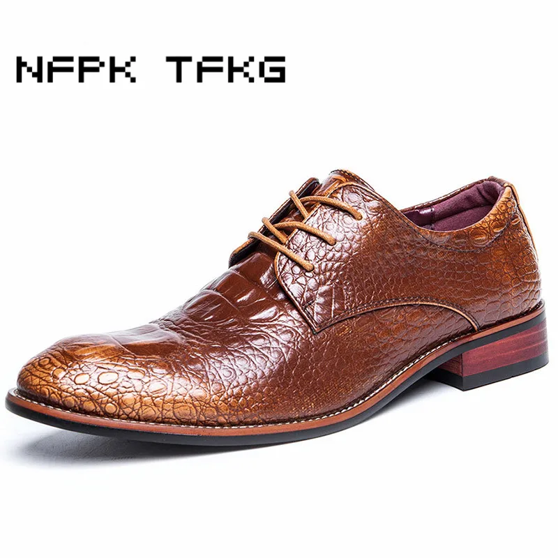 

men luxury wedding party dress crocodile grain genuine leather shoes print lace up teenage oxfords shoe breathable zapatos point