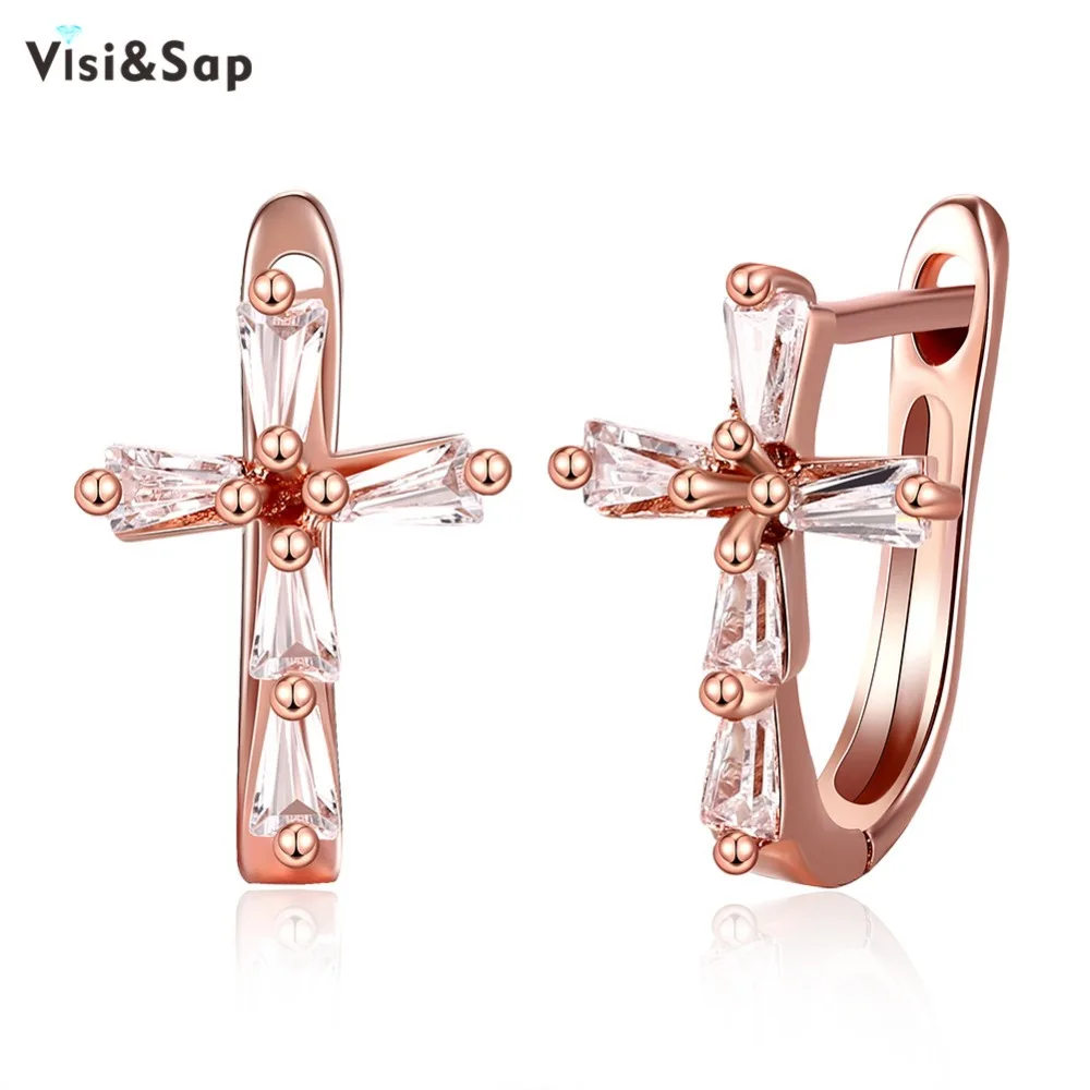 

Visisap Jesus Christ Cross Hoop Earrings For Women Rose Gold Color Earring Clear Stones Birthday Gifts Fashion Jewelry VLKE119