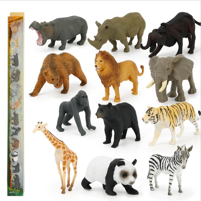 12 PCS/Set Kids Toys Mini Wild Animals Model Diecast Collection Action Figures Panda Lion Tiger Bear Wildlife Mould Gifts | Игрушки и