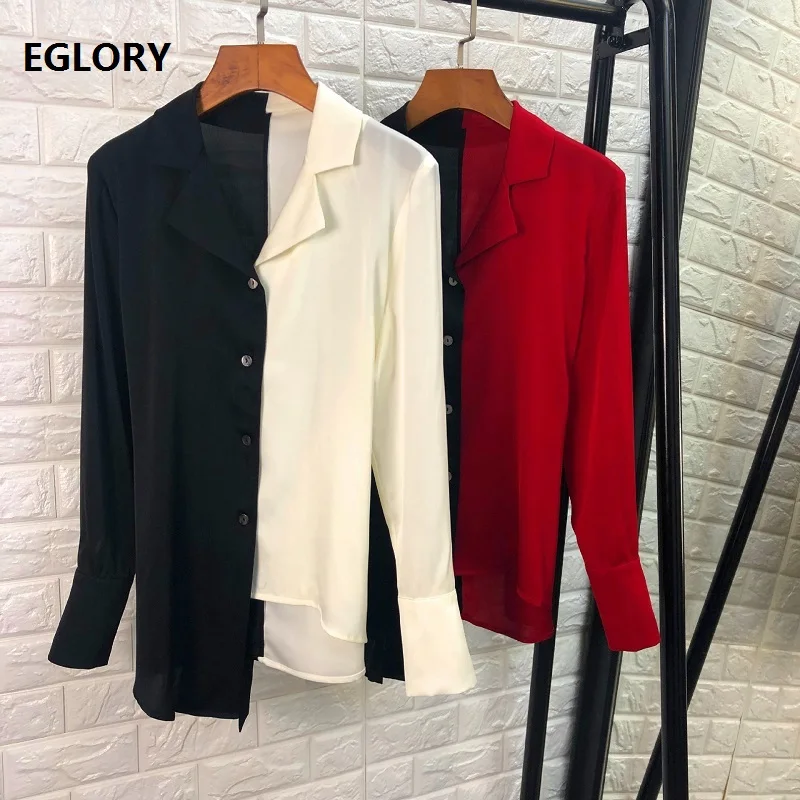 

Tops Fashion Silk Blouse Shirt Women Notched Collar Color Block Patchwork Asymmetrical Style Casual Blouses Feminino Blusas 2019
