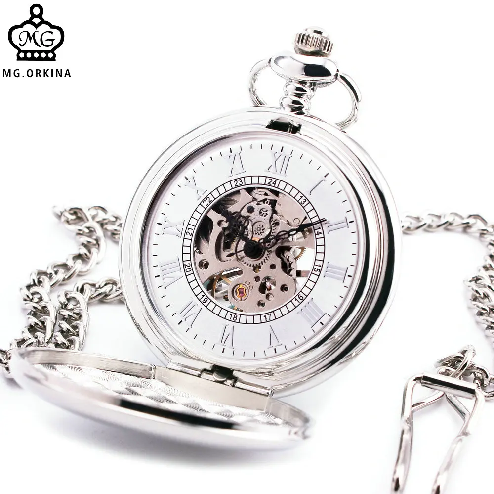 

Concise Delicate Men Women Mechanical Pocket Watch Textured Lid Silver Stainless-steel Case Stylish Roman Numeral Skeleton Dial
