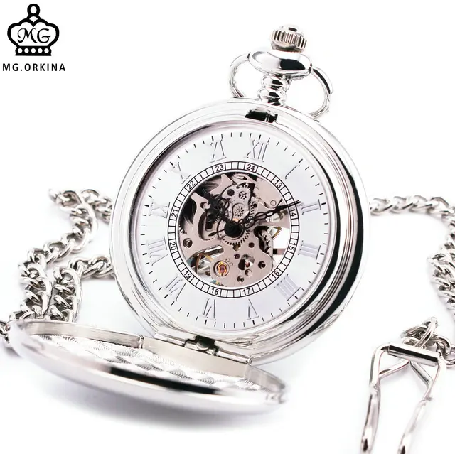 Concise Delicate Men Women Mechanical Pocket Watch Textured Lid Silver Stainless Concise Delicate Men Women Mechanical Pocket Watch Textured Lid Silver Stainless
