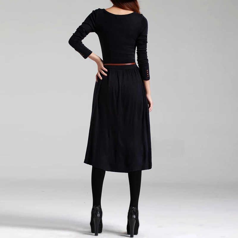 Black/Green 2017 Hot Sale Autumn Winter Dress Women's Long Sleeve Knitted Button Dress Ladies Casual Party Dress  With Belt