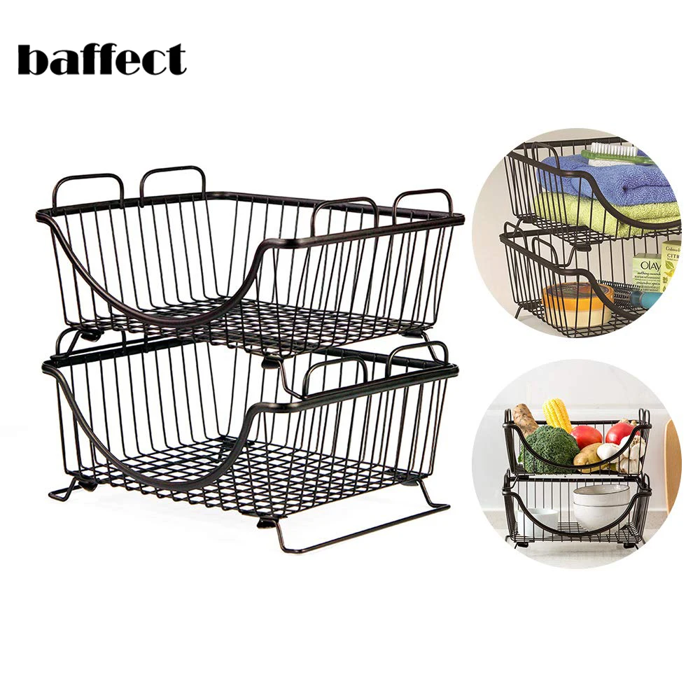 

Baffect 2pcs Kitchen Foldable Stackable Storage Basket Multifunctional Wire Storage Rack With Handle Standing Basket Fruit Food