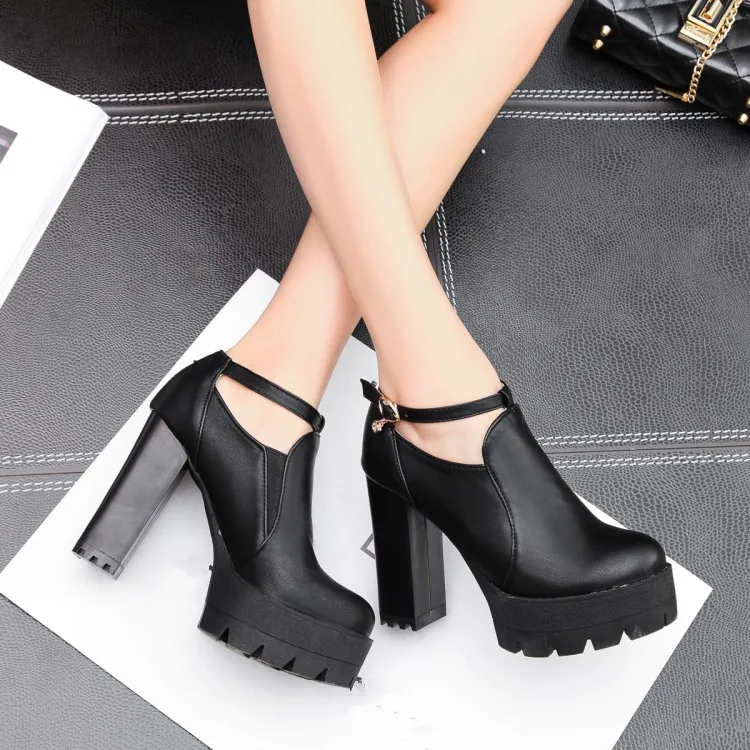 

PXELENA 2018 Chunky High Heels Womens Pumps Retro Rome Punk Rock Gothic Platform Gladiator Heels Ladies Shoes Black White 34-43