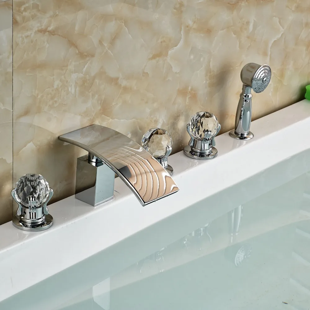 Waterfall Bathroom Tub Faucet Widespread 5pcs Bathtub Mixer Water Tap Crystal Design