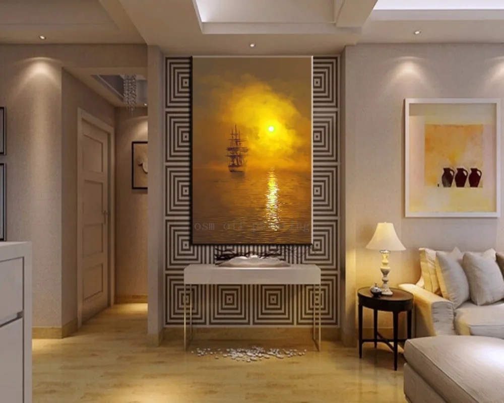 

High Quality Handcraft Modern Abstract Seascape the Golden Sunset Unique Picture Handmade the Sailing in Sea Canvas Oil Painting
