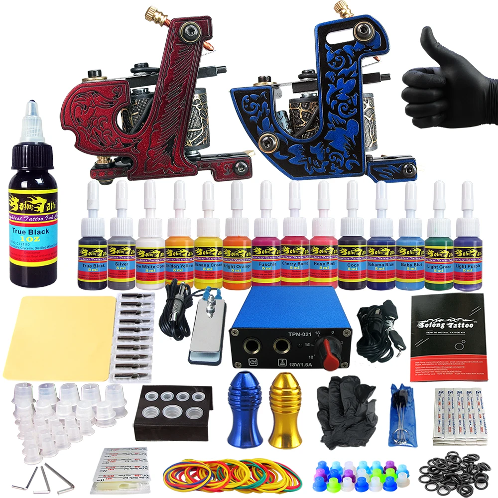 

Solong Tattoo Complete Tattoo Kits 2 Machine Guns 14Color Inks Grip TK203-31