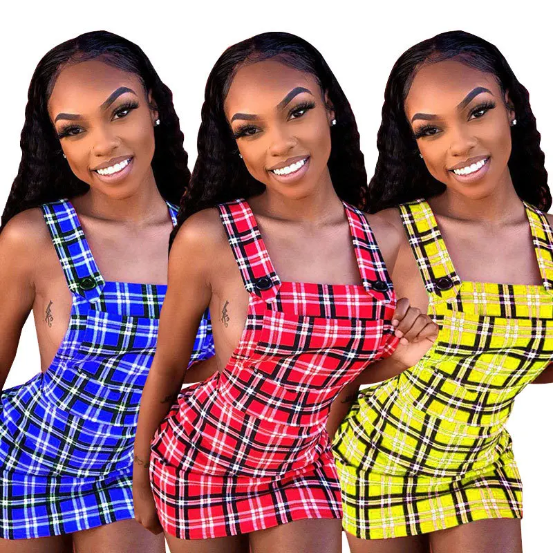 

2019 Women Summer Spaghetti Strap Sleeveless Open Back Above Knee Plaid Bodycon Midi Dress Club Party Sexy Sleepwear HM6105
