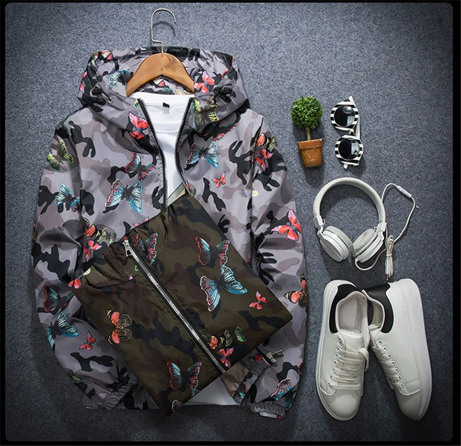 Мужская повседневная камуфляжная куртка с капюшоном новая осенняя одежда с принтом бабочки Мужская ветровка с капюшоном пальто мужская верхняя одежда