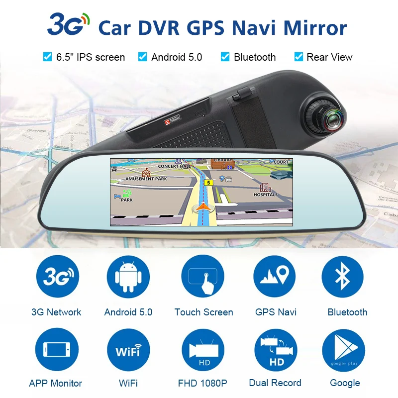 Android 3G Car DVR Mirror FHD 1080P Auto Dash Camera GPS Navigator Video Recorder Registrar Rear Vi