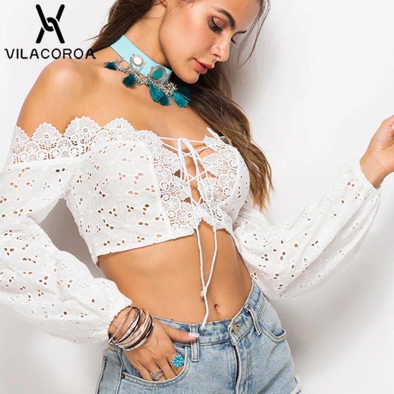 

Spring Hollow Lace Petal Tube Top Strapless Long Sleeve Bandage Modis Women's Shirt Blusa Women Short Tops Female roupa feminina