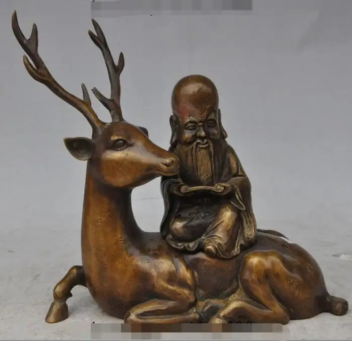 

S01712 10"Chinese Fengshui Bronze Longevity God Ride Deer Statue Incense Burner Censer (B0413)