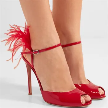

EMMA KING Leather fur slides Red Sandals Women Roman Open Toe High Heels Women's Sandals Sexy Stiletto Party Shoes Woman 2020
