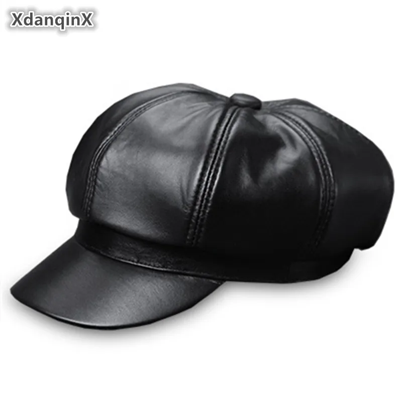 

XdanqinX Autumn Genuine Leather Hat Woman's Sheepskin Leather Newsboy Cap Elegant Lady Leather Visor Trend Tongue Caps For Women