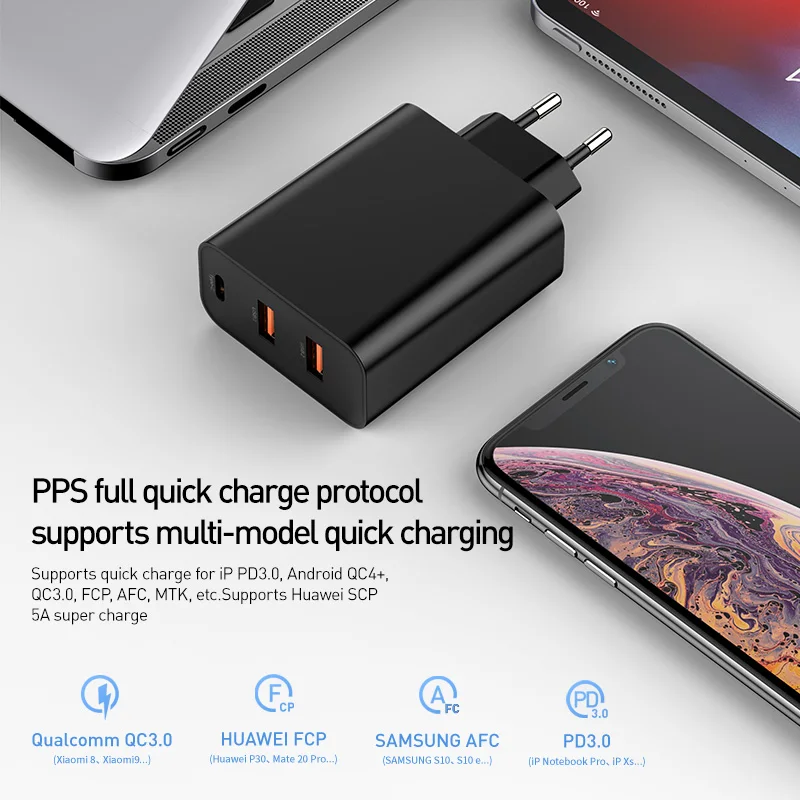 Baseus 3 порта USB зарядное устройство с PD3.0 быстрое зарядное устройство для iPhone 11 Pro Max Xr 60 Вт Quick Charge 4,0 FCP SCP для Redmi Note 7 huawei