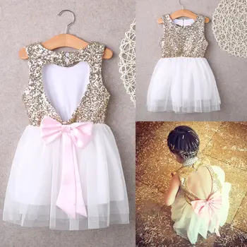 

Hot Sequins Baby Girl Sunmmer Dress Party Gown Bridesmaid Tulle Tutu Bow Backless Dresses 3-9y