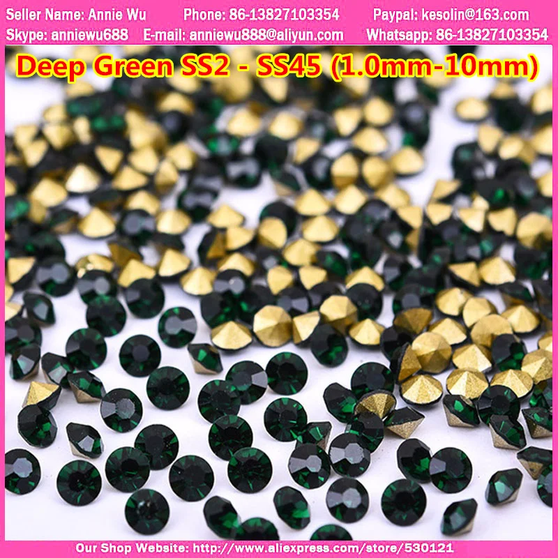 

ss2-ss50 1.0mm-10mm Deep Green Glass Rhinestone Point Back Nail Strass Alloy Stone 3 d Nail Crystal Decoration Nails Supplies